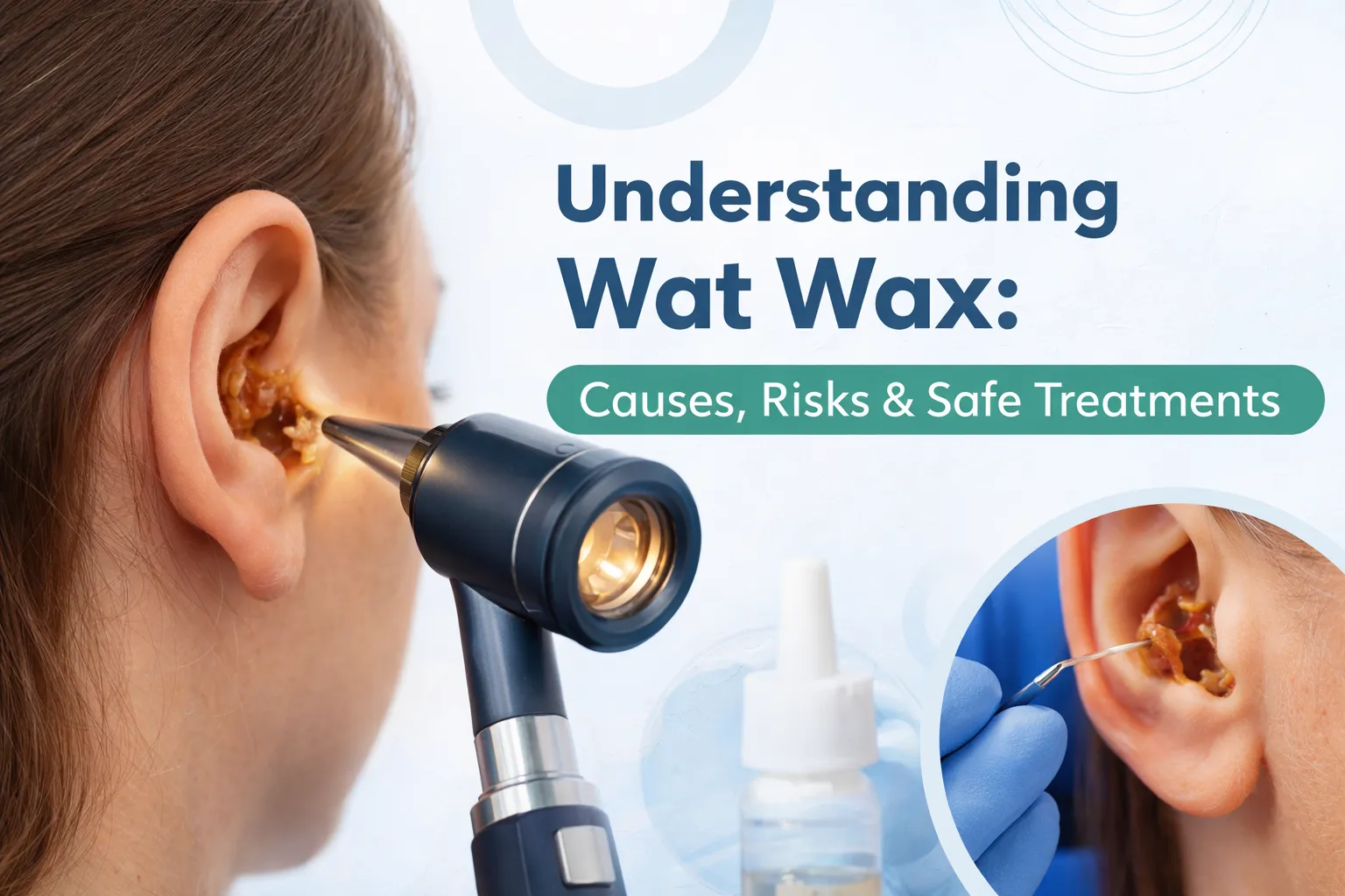 Medical illustration showing wat wax (earwax) buildup in the ear canal and professional earwax removal using an otoscope.