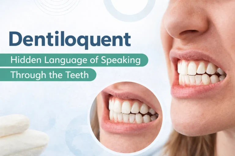 Close-up image illustrating dentiloquent speech showing clenched teeth while speaking.