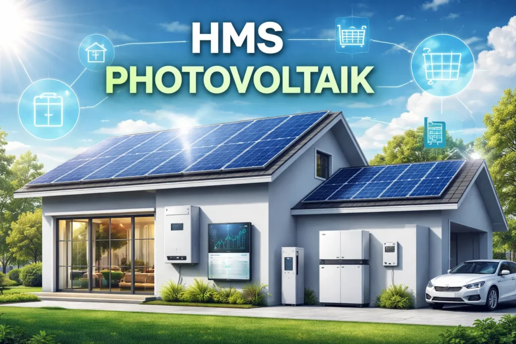 HMS Photovoltaik smart solar system with rooftop panels, battery storage, and energy monitoring technology