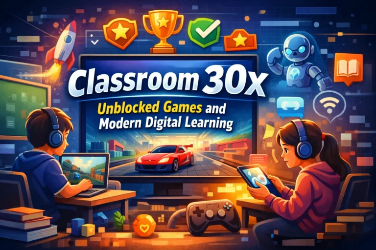 Students using laptops and tablets in a digital classroom environment playing Classroom 30x unblocked games on a modern learning platform.