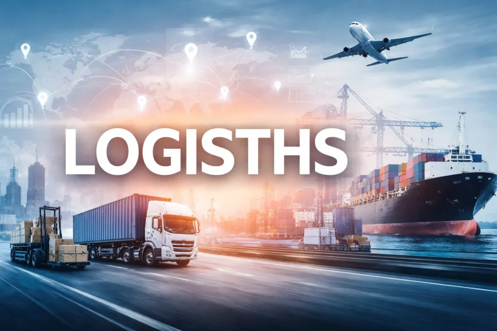 Logisths concept showing global logistics network with cargo ship, truck, airplane, warehouse operations, and digital supply chain connections.