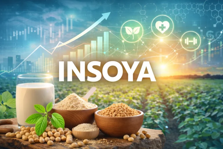 Insoya concept image showing soybeans, soy milk, soy protein powder, and green soybean fields representing plant-based nutrition and sustainable food.
